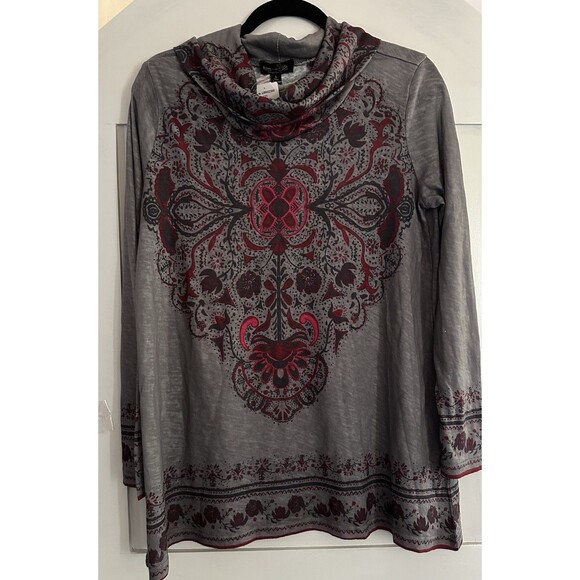 Suzanne Betro Long Sleeve Tunic Top Light Sweater Grey Boho Print Plus Size S - Picture 1 of 4